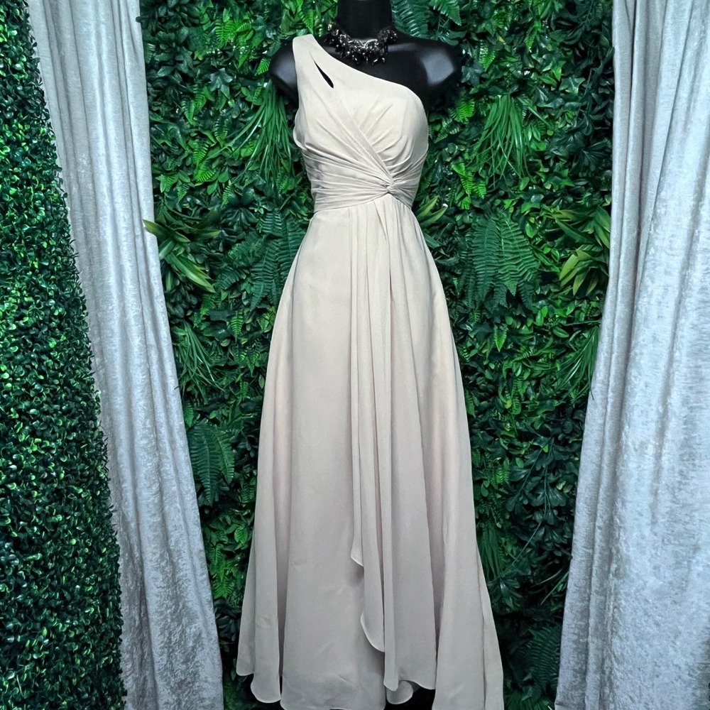 Formal Dress Size 0 Beige Pleated Gown Champagne One Shoulder Corset Back 3940